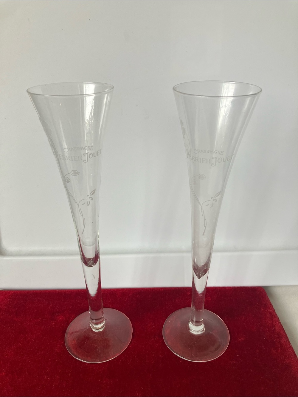 Pair Etched Perrier Jouet Champagne Flutes Glasses Lot Two 2 Vintage 10”.